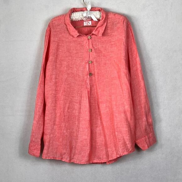 Sigrid Olsen Linen Tunic Shirt Women's 3X Deep Coral Roll-Tab Sleeves Lagenlook - Picture 2 of 10